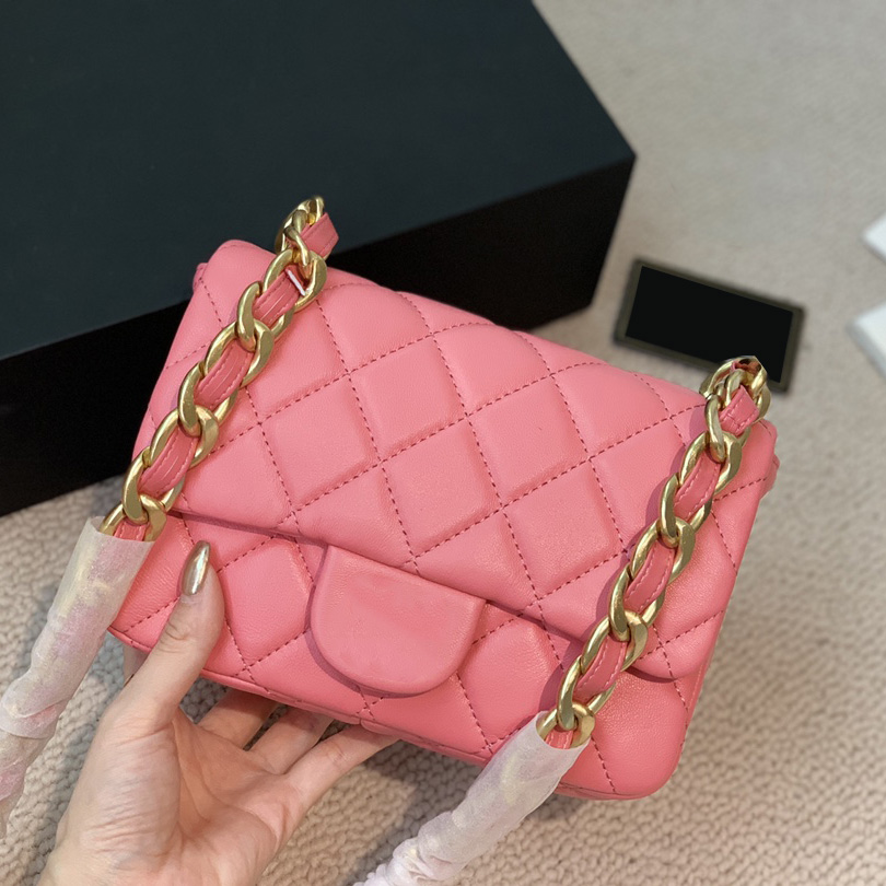 

Womens Thick Chain Peach Classic Flap Lambskin Bags Quilted Gold Metal Hardware Shoulder Handbags Large Capacity Outdoor Sacoche Designer Purse 20CM, Box
