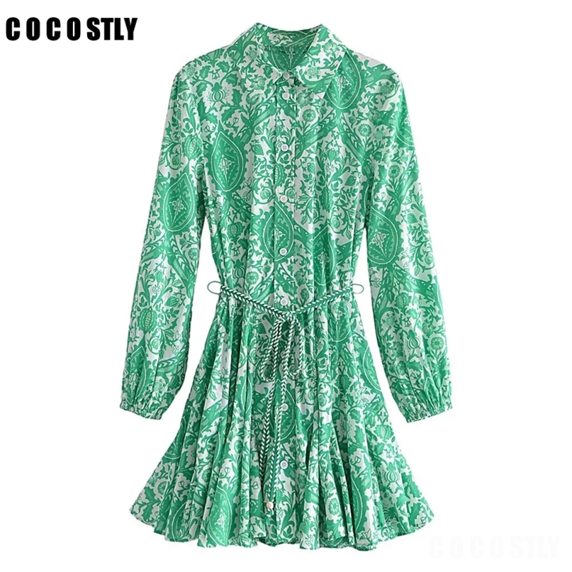 

Fashion Vintage Long Sleeve Lapel All match Belt Mini Dress Print Loose Elegant Women Casual Female Vestidos 220613, Blue