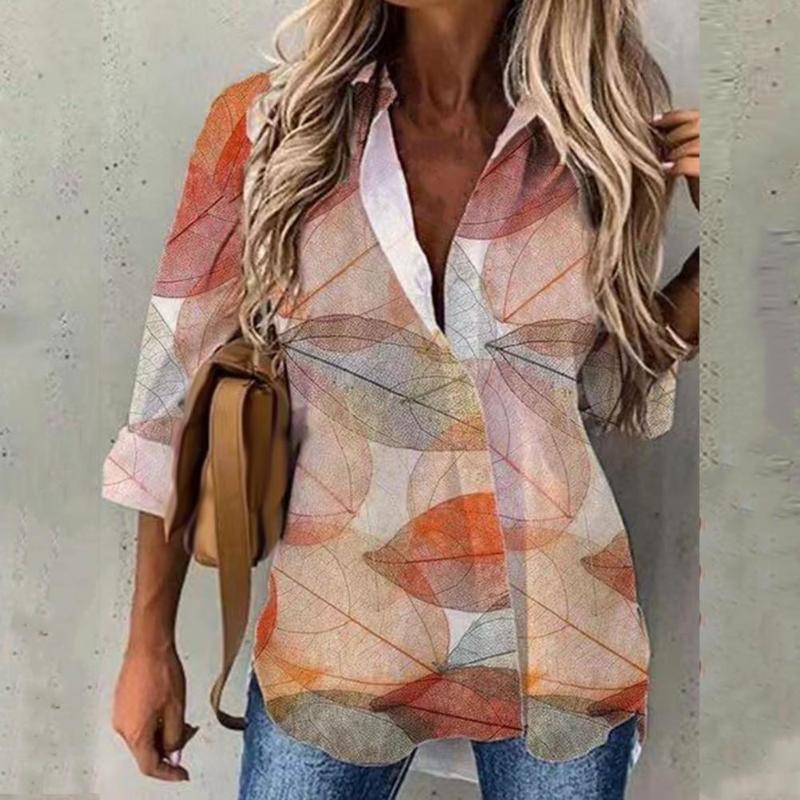 

Women's Blouses & Shirts Turn-Down Collar Long Sleeve Casual Women Shirt Spring Autumn Buttons Closure Scene Print Vintage Ladies Clothing B, Khaki