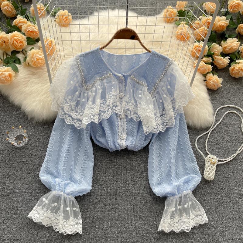 

Women's Blouses & Shirts French Embroidery Lace Women Blouse Kawaii Peter-Pan Collar Casual Lady Shirt Spring Summer Button Lantern Sleeve B, White