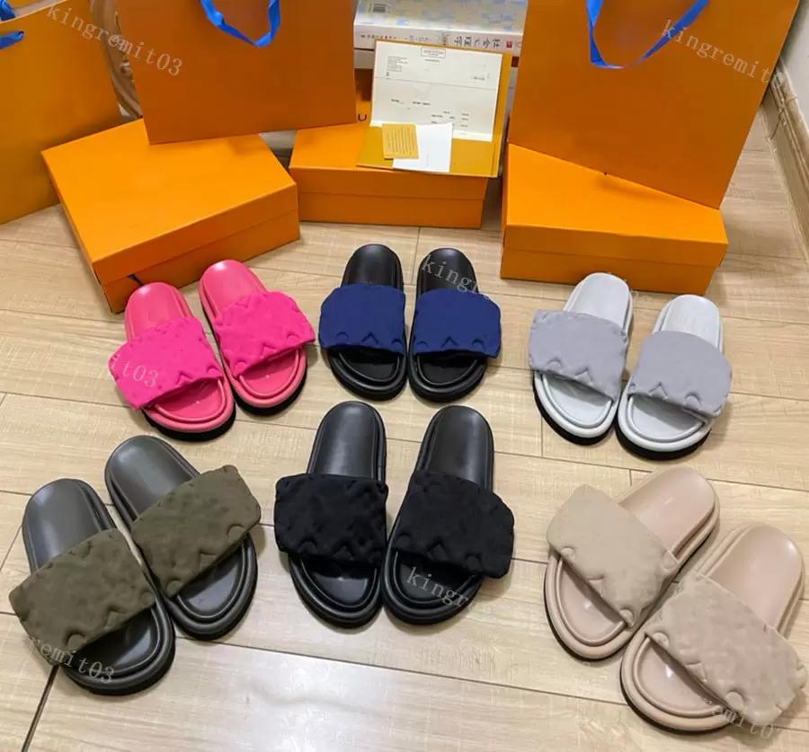 

Designer Smooth Calfskin Slippers Pool Pillow Comfort Sandals Velcro Slides Women Mens Slipper Flat Letter Mul shoe''Louise''viuton'' sH RID, Color 12