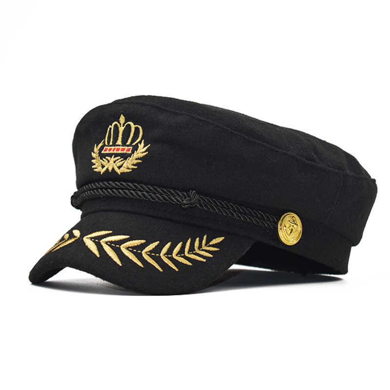 

new crown Vintage warm hat Men Women Autumn Winter Flat Military berets Captain Adjustable Sailor Caps Navy cap Hats, Black