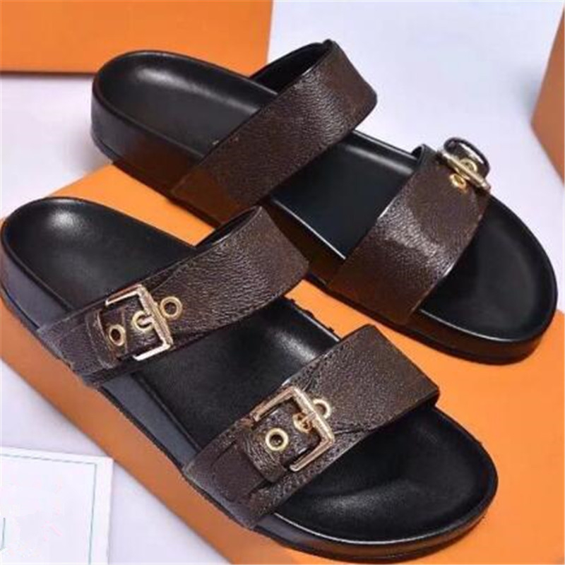 

Luxury Slippers Women Sandals 2022 Summer Print Real Cow Leather Brand Slides Round Toe Unisex Lovers Outdoor Beach Casual Shoes Size 35-45