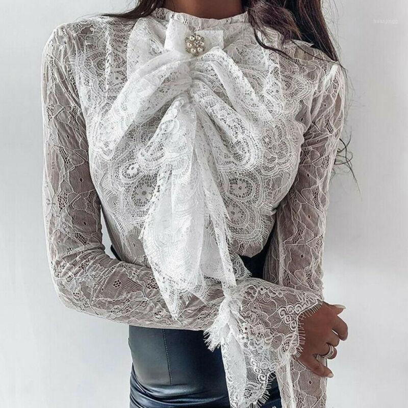 

Est Ladies Women Lace Floral See-Through High Neck Blouse Tops Sexy Tee Shirt White Women' Blouses & Shirts, As pic