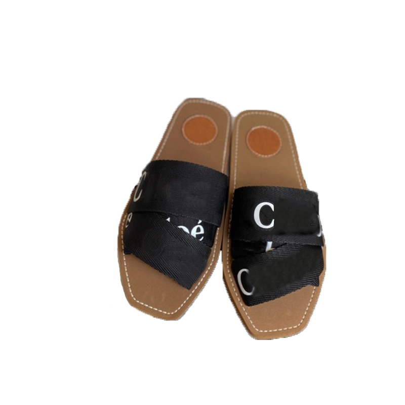Woody Pantoufle Sandales Designer Luxurys Diapositives Toile Lettre Talon Plat Mule Femmes Sandale Mode Été Sliders Chaussures Plage Tongs Avec B