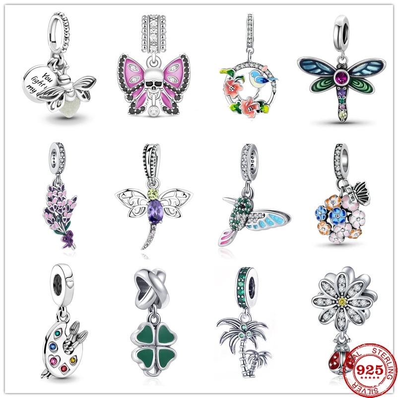 

925 Sterling Silver Dangle Charm Dragonfly Flower Leaf pendant dangle Bead Fit Pandora Charms Bracelet DIY Jewelry Accessories