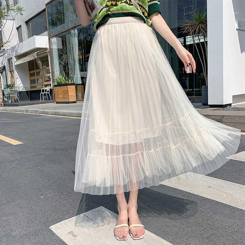 

Skirts 2022 Arrival Spring Summer Women High Waist Slim Long Skirt Quality Fashion Beading Pleated Hem Mesh, Black