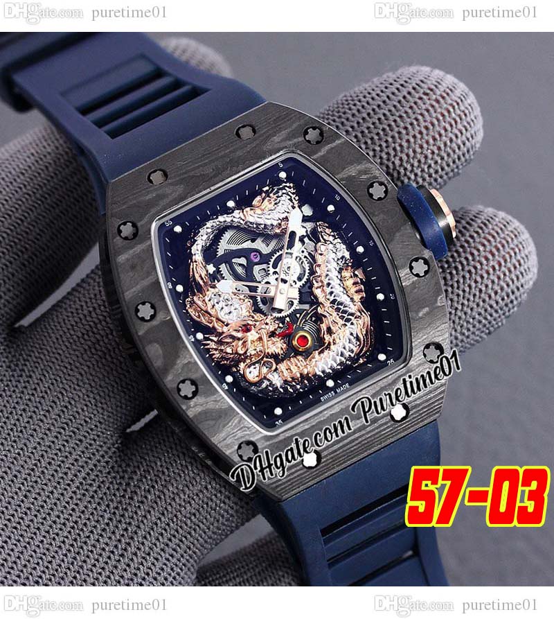 

2022 Carbon Fiber TPT Miyota Automatic Tourbillon Mens Watch 3D Sapphire Dragon Skeleton Dial Dark Blue Rubber Strap Super Edition Jack Chen Puretime01 E280-5703-C3, E280a (3)