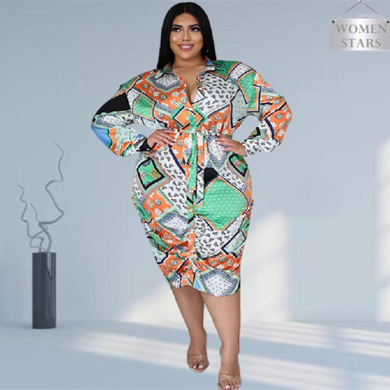 

Plus Size Dresses Women Dress Fall Clothes Elegant Print Fashion Turn Down Collar Draped Hem Shirt Maxi Wholesale DropPlus Jasp22, Multi