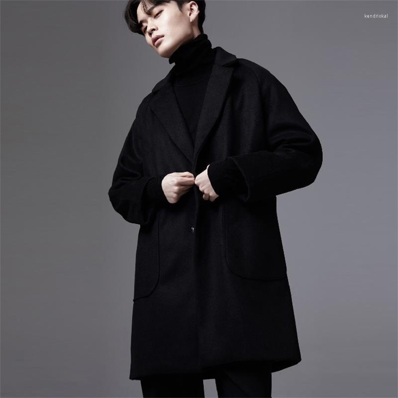 

Men' Wool & Blends Woolen Coat Loose Raglan Sleeves Drop Shoulders Black Classic Kend22