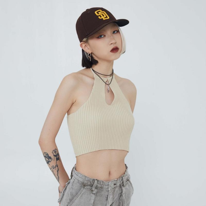 

Women's Sweaters Off The Shoulder Khaki Black Crop Tops For Girls Knitted Y2k Slim Vest Sweater Streetwear Summer Women Clothing TopsWomen's