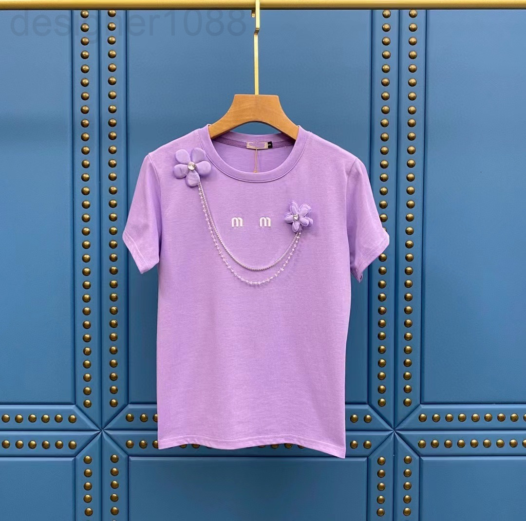 

Women's T-Shirt designer 22 spring and summer new Miu letter embroidery three-dimensional chain diamond flower decoration sweet aging short, Purple