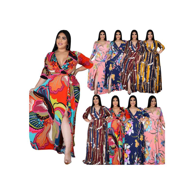 

Plus Size Dresses 2022 D1112-D1116 Belt Design V Neck Sexy  Big Woman Dress Elegant For Female, 002