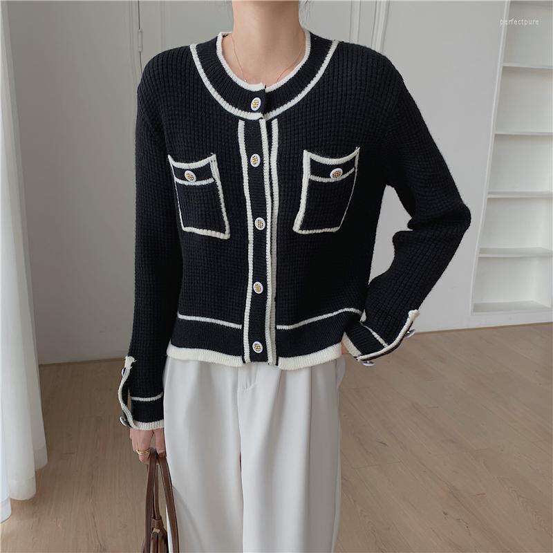 

Women's Knits & Tees 2022 Fashion Contrast Color Trim Cardigans Women Winter Crew Neck Long Sleeve Button Up Casual Knitted CardigaWomen's P, Black
