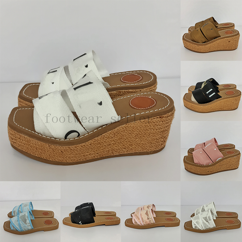 

Woody Heels Sandals Platform Wedge Peep Toe Designer Womens Ladies Fabric Wood Sandal Flats Flip Flops Summer Fashion Slippers Slides High Quality Boat Loafers