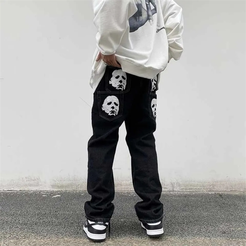 Mens jeans solid color head print American y2k retro straight loose large size mens and womens jeans trend ins 220720