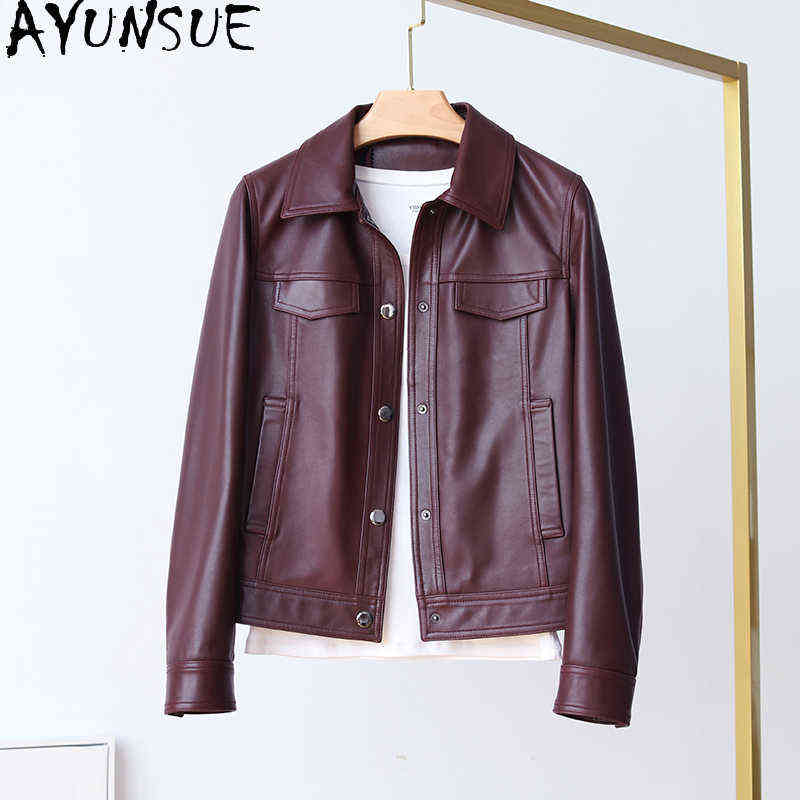 

Ayunsue Autumn Women Genuine Leather Coat Spring Genuine Sheepskin Coat Famale Clothing Short Slim Korean Coats Casaco Feminino J220727, Wine red