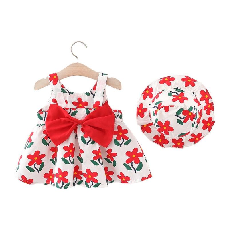 

Girl's Dresses Summer Baby Girls Dress Cotton Floral Print Sleeveless O-neck Cute Bow Princess Hat 2pcs Kids Clothes SetGirl's, Red