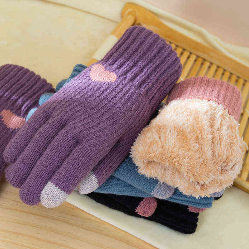 

Double Layer Plus Velvet Thicken Women Cycling Warm Mittens Fashion Love Heart Youth Full Finger Touch Screen Knit Gloves T21 T220730