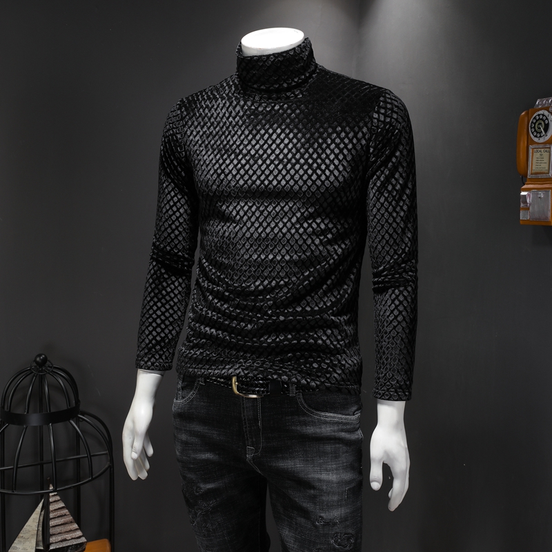 

2023 new men's tops gold velvet pattern high-neck long-sleeved T-shirt Korean fashion trend plaid solid color casual bottoming shirt, Khaki
