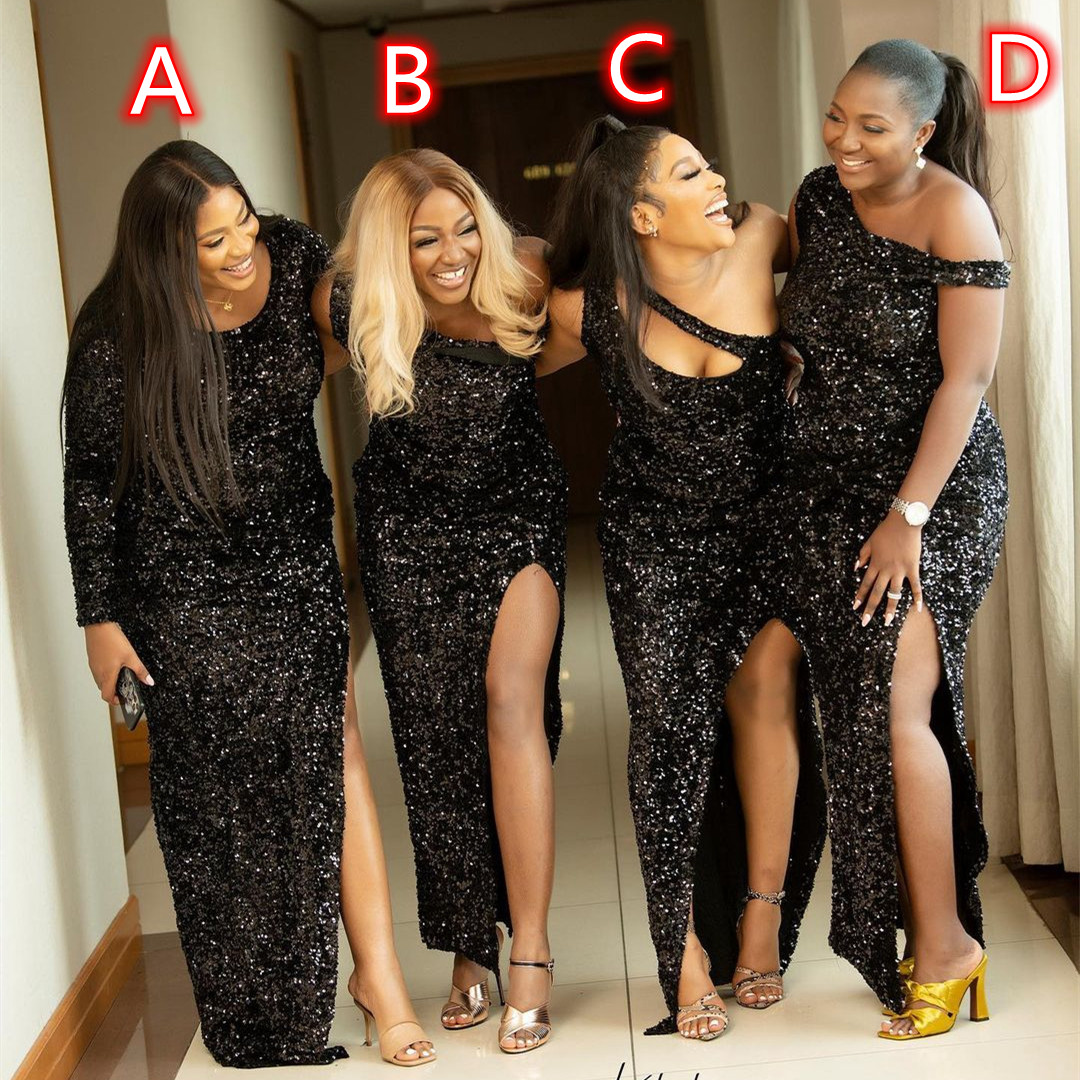 

Sparkling Black Sequined Mermaid Bridesmaid Dresses Aso Ebi 2023 Difference Neckline Sexy Side Split Long Maid of Honor Wedding Party Women Wear Prom Gowns