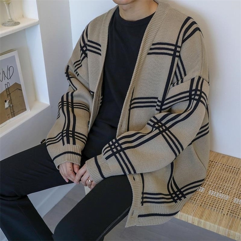 

Autumn and Winter Sweater Men Retro Cardigan Loose Casual Korean Vneck Plaid Line Mens Knit Coats a220813, Yellow