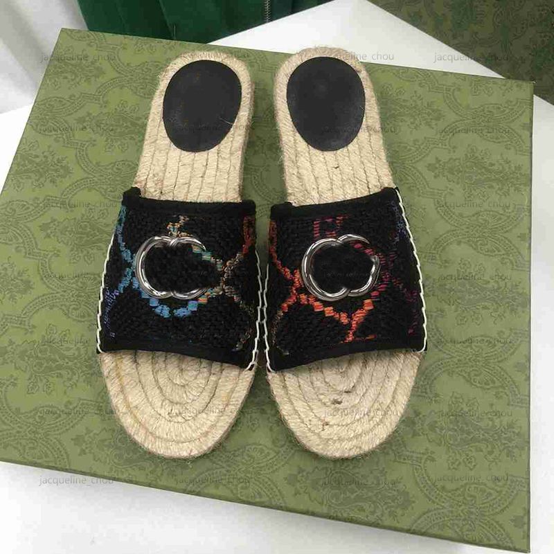 

Luxury Embroidery Canvas Womens Slipper Sandles Designer Flat Heel Womans Fisherman Flip Flops Beach Sliders Straw Outsole With Box, 3#
