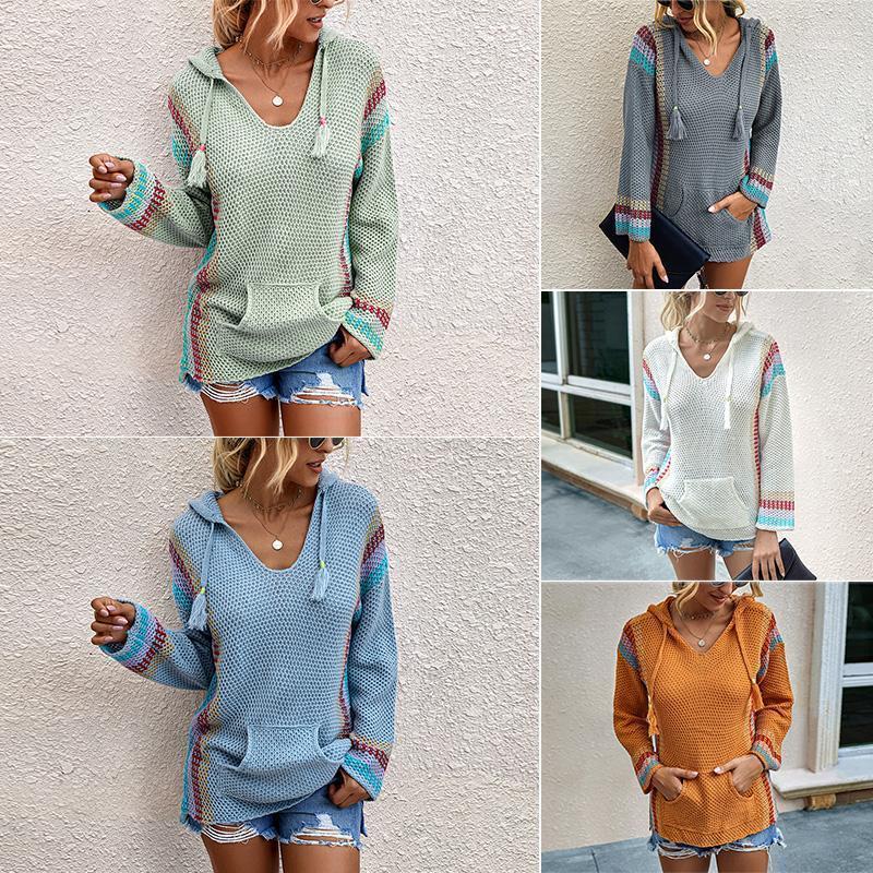 

Women' Sweaters Autumn Fashion Color Block Hooded Long Sleeve Pullover Loose Woman Ladies Pockets Sweater Jemi22, Gray