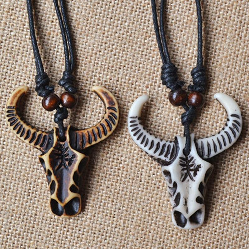 

Pendant Necklaces 1pcs Punk Style Faux Yak Bone Bull/OX Head Skull Carved YoGa Pattern Necklace Women&Men JewelryPendant