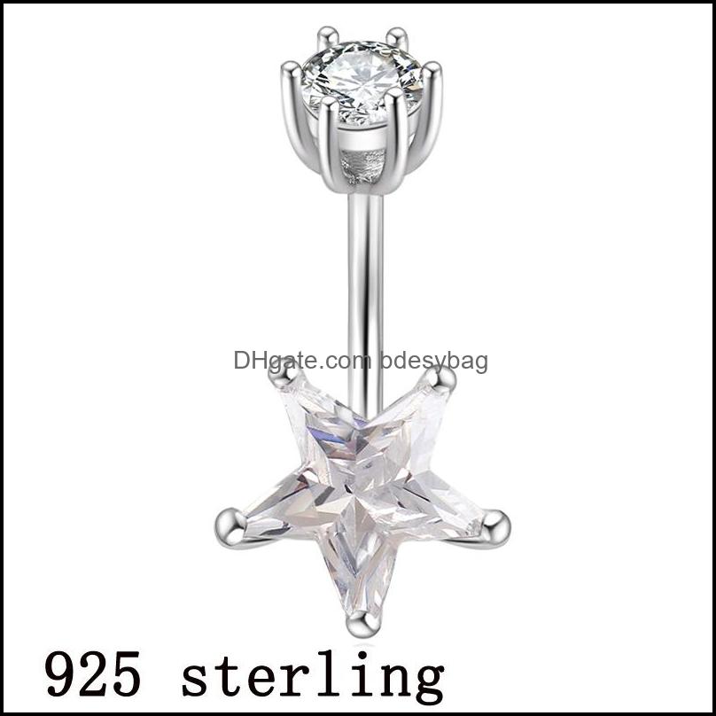 

Nose Rings Studs S925 Real Genuine Belly Button Ring Pure Sier Star Zircon Stone Not Allergic Pin Length 6 8 10 Mm Body P Bdesybag Dhyig