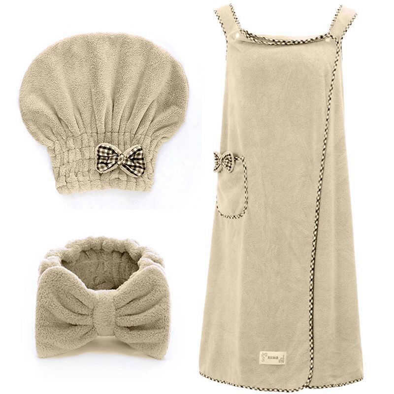 Coral Fleece Bath Dress Set Soft Absorbent Bow Tie Tube Top Wearable Bath Towel Suspenders Pajamas Hair Dryer Cap Blanket Women-image-767225776