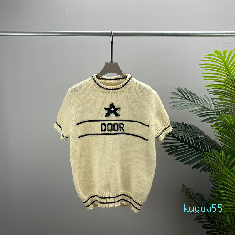 2022 New Women's Knits Sweater Short Sleeve Solid Star Letter Logo Jacquard Crew Neck Casual Comfy Pullover Ladies Clothes Wholesale