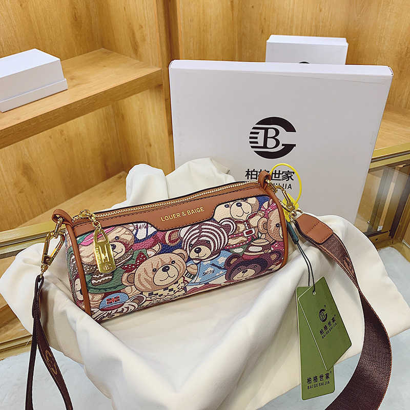 

happy_buy_bag2022Berger family new bear Boston canvas women's bag fashion lovely cylinder one shoulder diagonal handbag, Brown