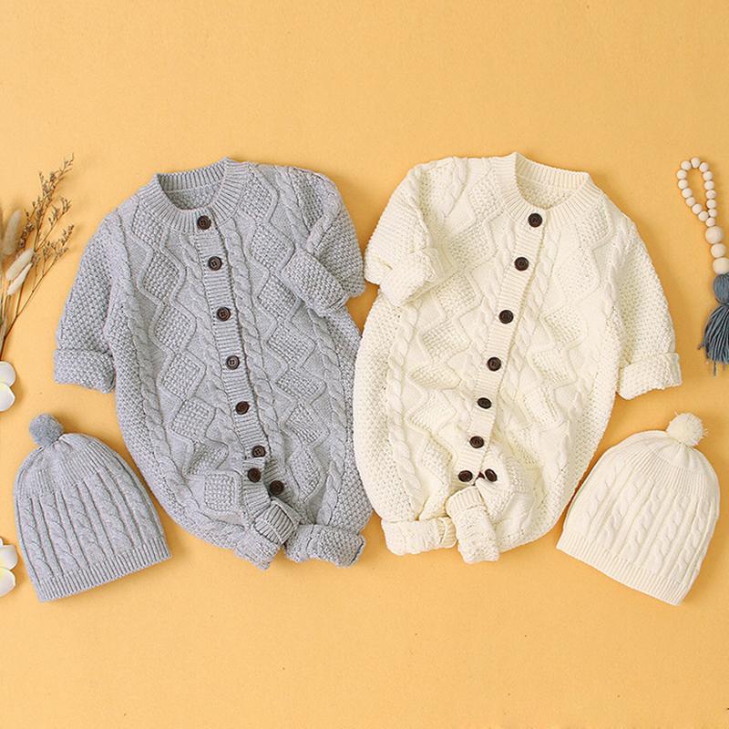 

Jumpsuits Autumn Winter Baby Boys Girls Pure Color Rompers Clothes Hat 2PCS Children Boy Girl Kids Knitting Long Sleeve RompersJumpsuits, 82w359 gray