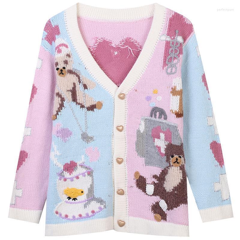

Women' Knits & Tees Long Sleeve V-neck Cartoon Embroidery Loose Knit Cardigan Jacket Sick Bears Love Cute Contrast Embroidered Top Perf22, Pink