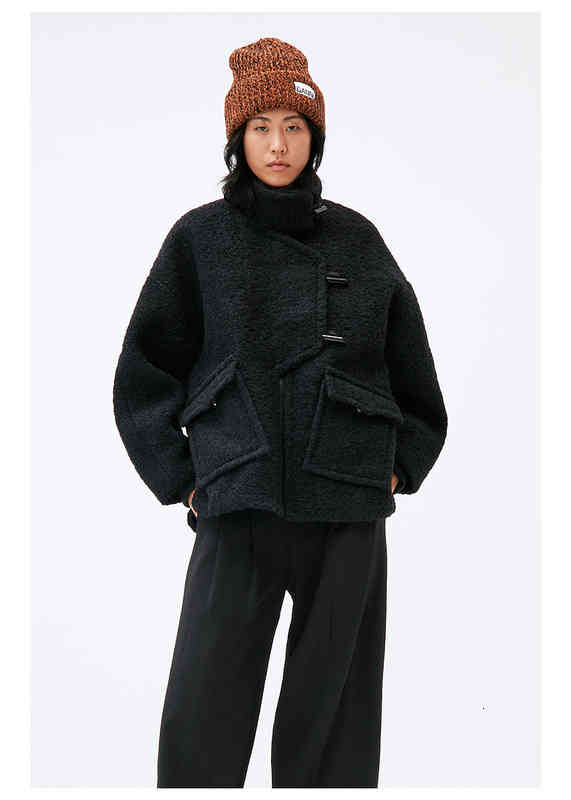 Women's Wool & Blends Ganni Blend Teddy Coat Spring And Autumn Black Cowl Button Loose High Collar Woman Jacket R8CI