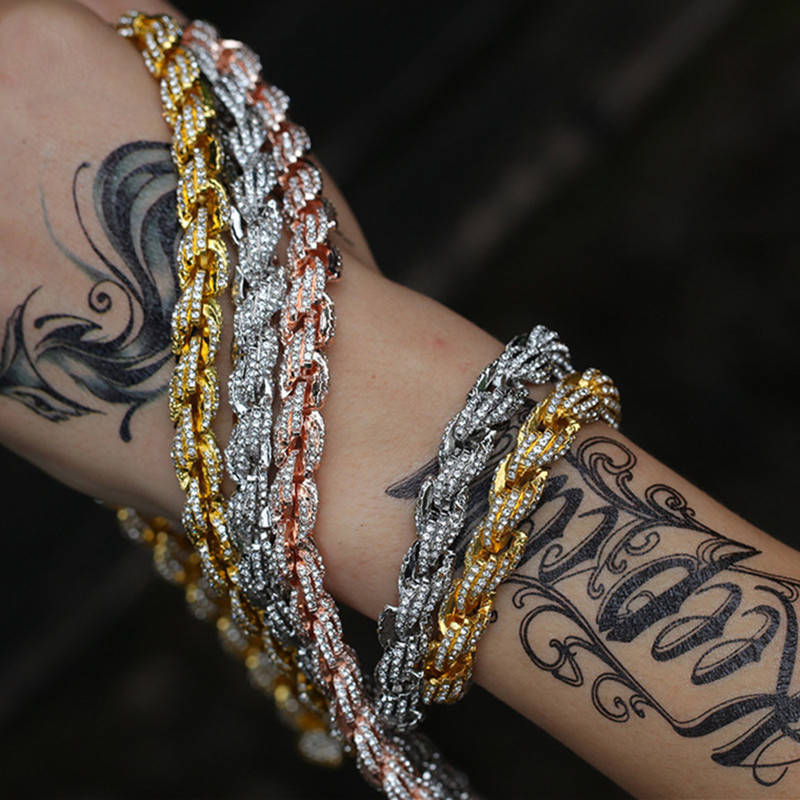 

Hiphop twisted chain bracelet necklace designer jewelry alloy rope silver gold mens necklaces woman man chain South American Austrian Rhinestone Choker 18-24inch