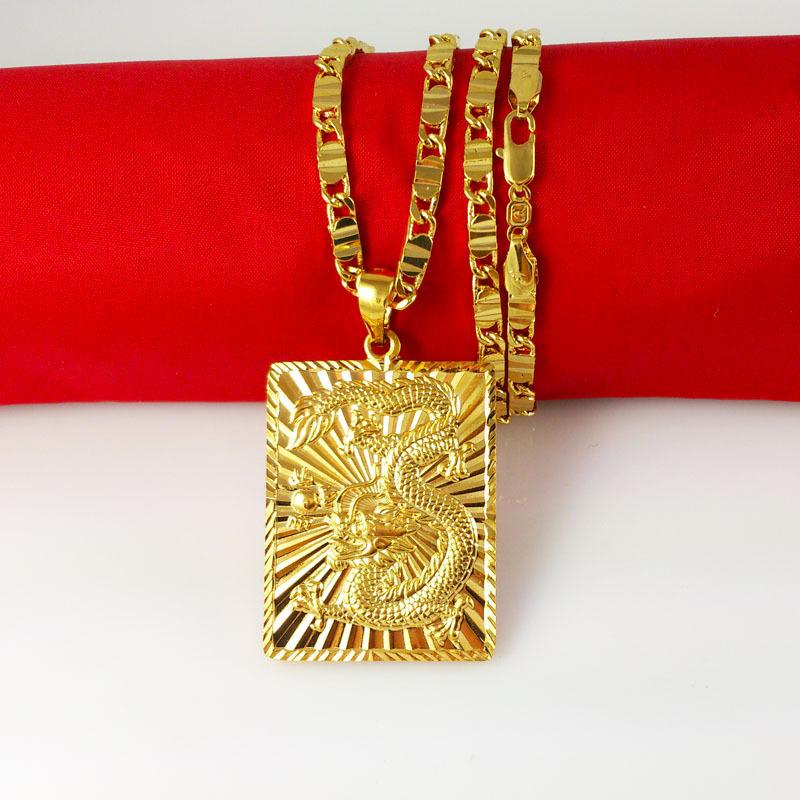

Pendant Necklaces Statement Dragon Pattern Necklace For Men Yellow Gold Filled Tiles Chain 23.6"Pendant