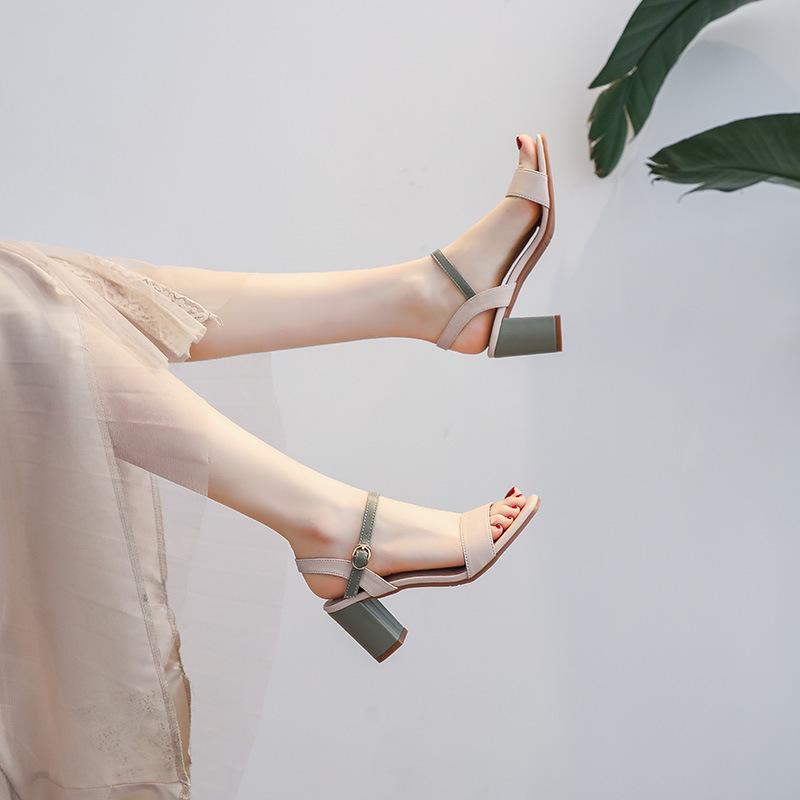 

Sandals Summer Concise Women 3/5/7cm High Heels Pumps Wedding Block Ankle Strap ShoesSandals, Beige 4cm 02