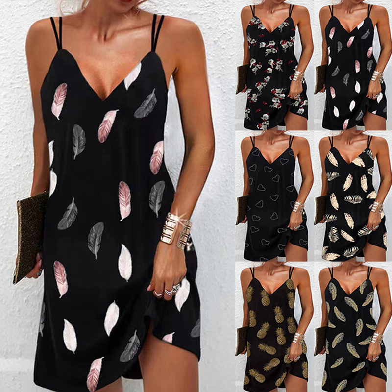 Été Sexy col en V imprimé sans manches robe femmes vêtements mode décontracté fête élégante plage grande taille lâche fronde 220521
