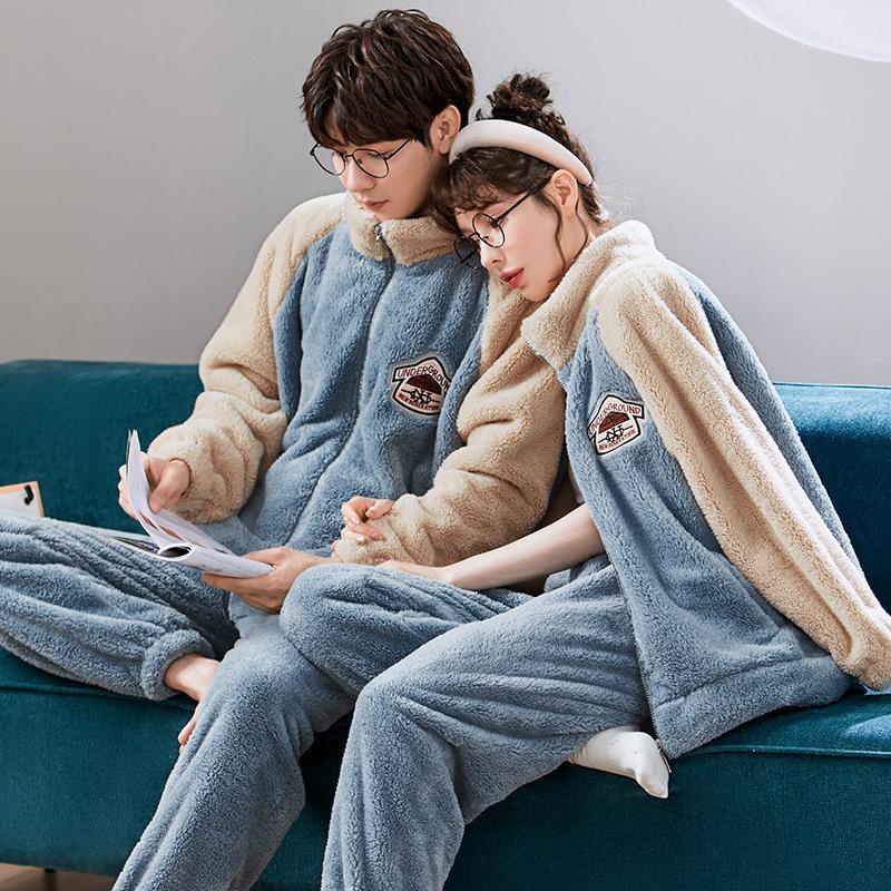 

Men's Sleepwear Big Yards -3XL Flannel Couple Pajamas For Autumn Winter Long-sleeve Home Service Two-piece Suit Men Zipper Cardigan Pijamas, H21163m