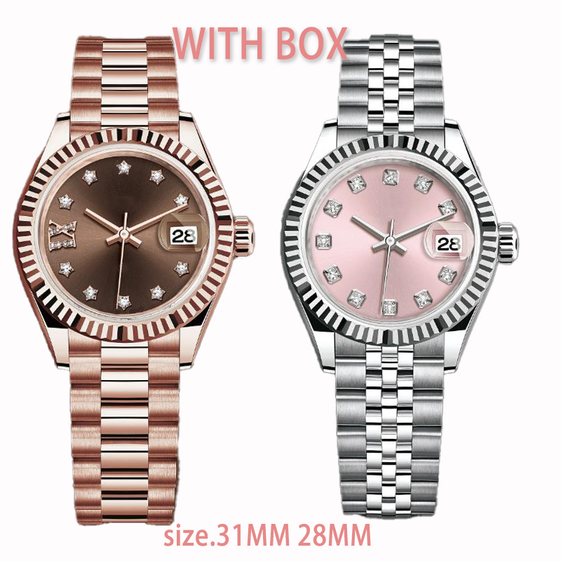 

Womens Watch with Box Size 31MM 28MM Mechanical Movement Stainless Steel Bracelet Sapphire Waterproof Luminous Ladies Watch, Colour17