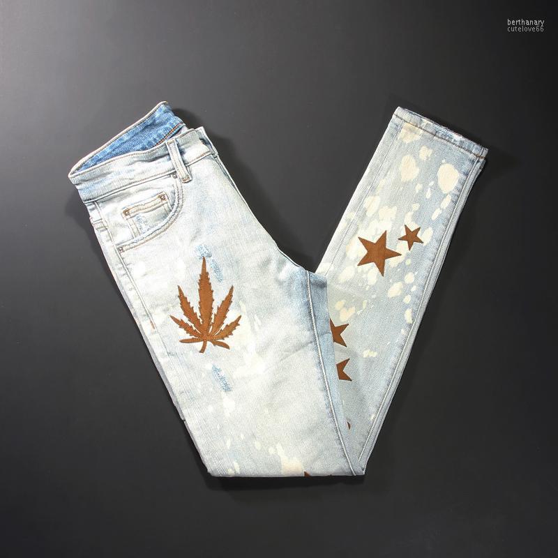 

Men's Jeans Street Style Fashion Men Retro Light Blue Elastic Slim Ripped Embroidery Patches Designer Hip Hop Denim Pants Bert22