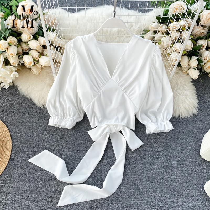 

YornMona Fashion Back Bow Bandage Crop Top Women 2022 Summer Puff Sleeve Short White Blouse Shirt Chic V Neck Ladies Blusas Women's Blouses, Black