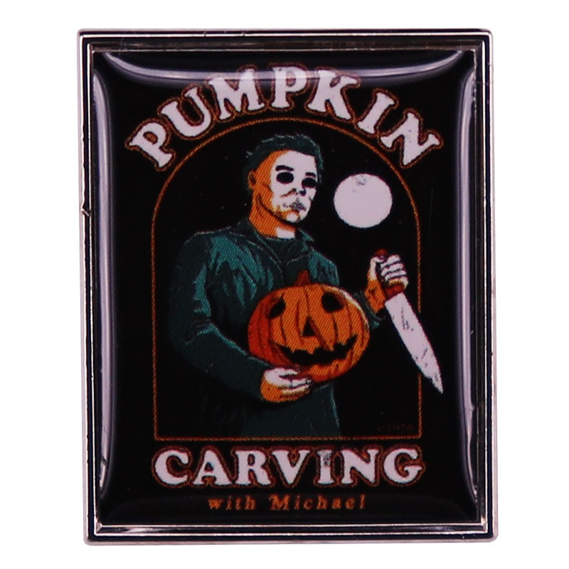 

Pumpkin carving with Michael brooch Halloween Horror movie killer brooch enamel pins, As picture
