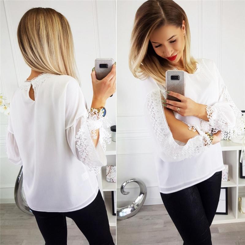 

Women' Blouses & Shirts 2022 Womens White Chiffon Cold Shoulder Sleeve Loose Blouse Summer Casual Lace Shirt Tops, As pic