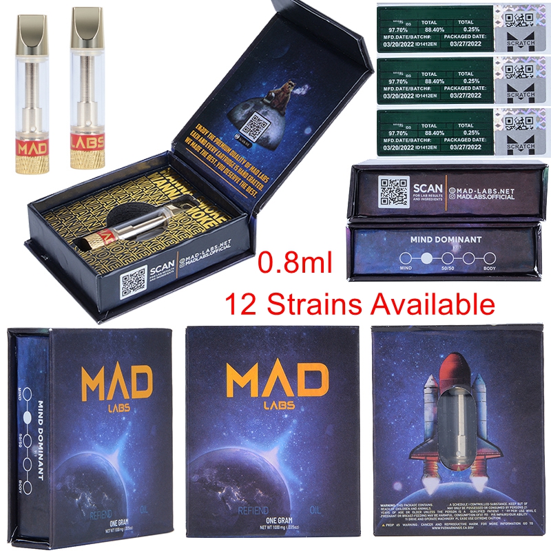 

12 Strains MAD LABS Atomizers Empty Vape Pen Cartridge Packaging 0.8ml Ceramic Coil Carts Glass Thick Oil Tank Wax Vaporizers 510 Thread E Cigarettes