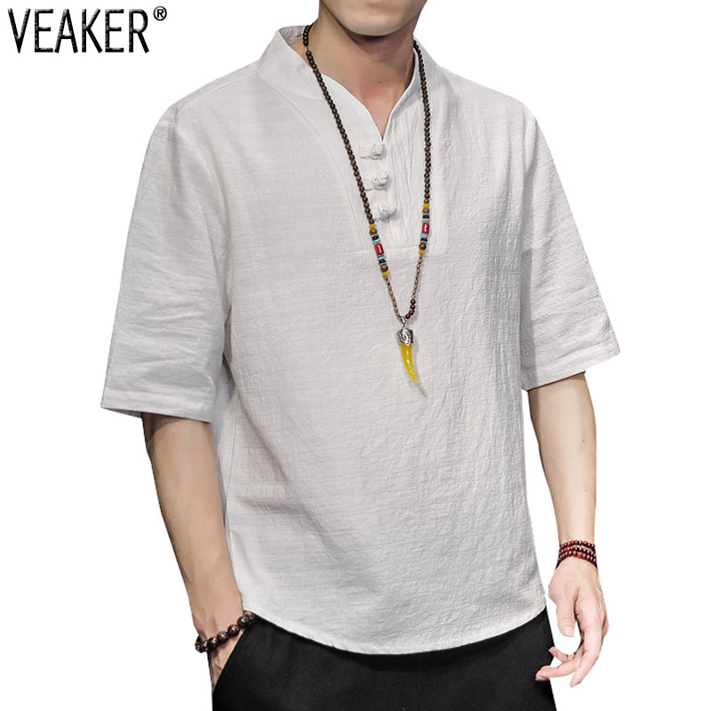 

Mens Summer Cotton Linen T shirt Male Chinese Style short sleeve Tshirt Solid Color Linen tshirt Tops Plus Size M5XL 220614, Black v neck