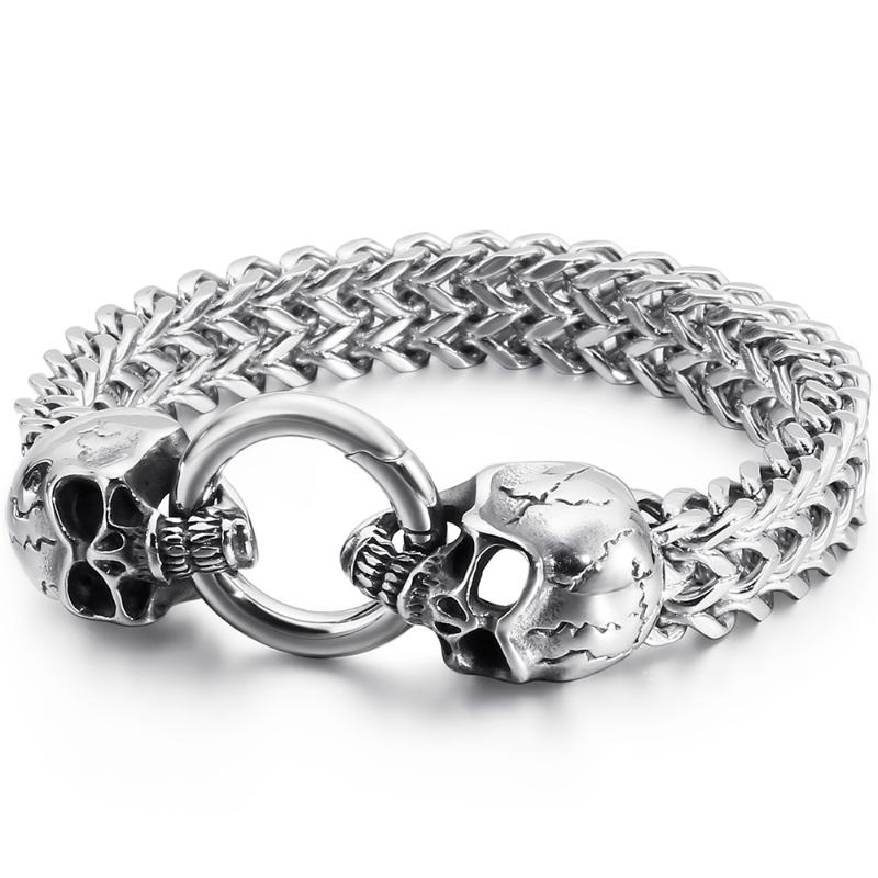 

Link Chain Gothic Double Skull Man Bracelet In Stainless Steel Mens Charm Bracelets Steampunk Skeleton Jewellery Guests GiftsLink