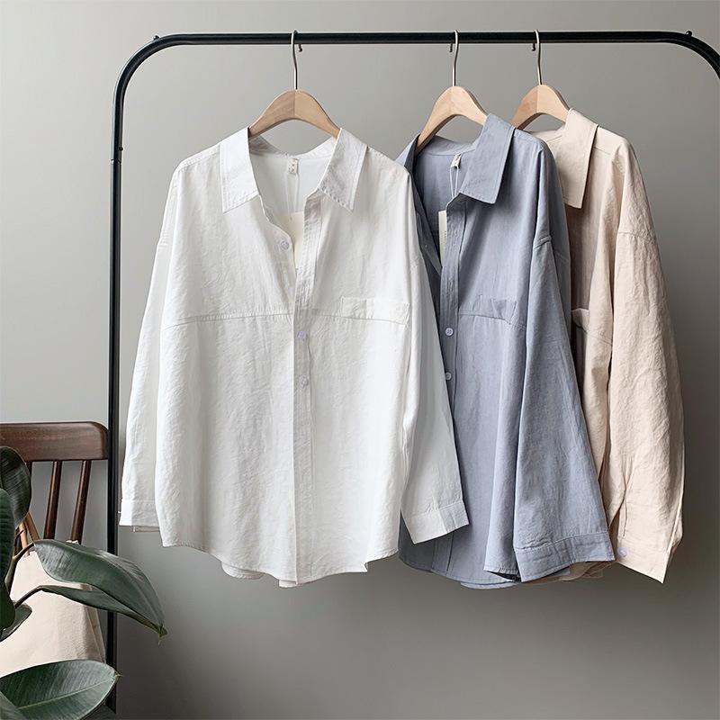 

Women's Blouses & Shirts Fall Solid Button Up Shirt Women Korean Fashion 2022 Long Sleeve Cotton Faux Suede Vintage Blouse White Collared Wo, Beige